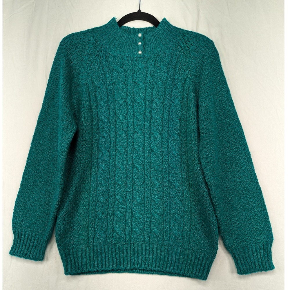 Jennifer Moore Teal Green Cable Knit Mock Neck Sweater Womens Medium‎